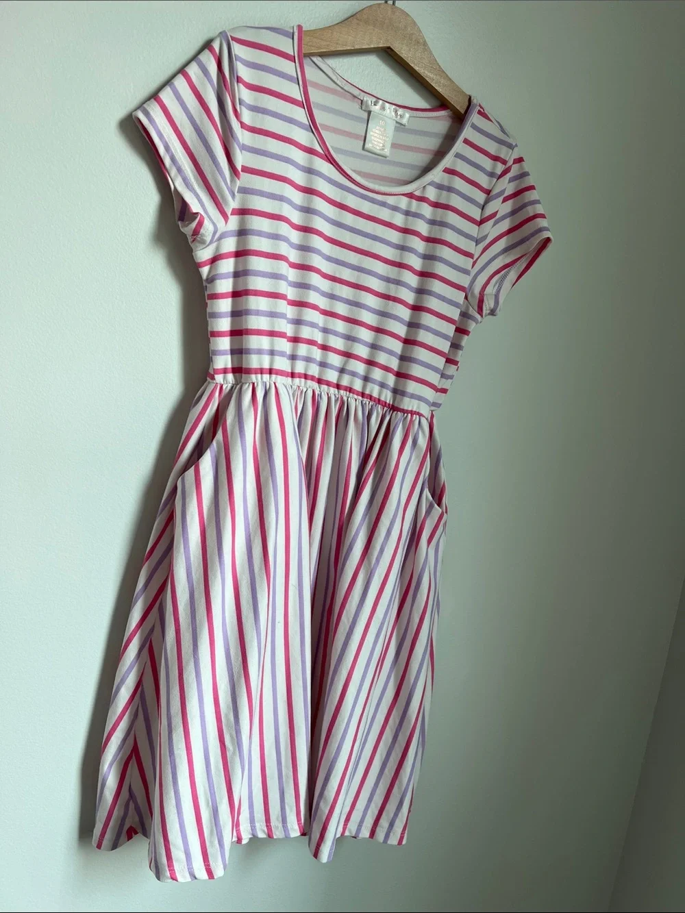 Emma & Elsa | Kids Striped Pink & Lavender Short Sleeve Knit Dress Pockets Sz 10